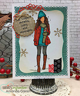 Handmade card with Angie Blom's Emerson Girl, a stylish young woman bundled in a winter coat, hat and scarf holding a coffee, sentiment 'You inspire warmth, love, and strength'.