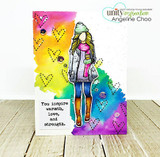 Handmade card with Angie Blom's Emerson Girl, a stylish young woman bundled in a winter coat, hat and scarf holding a coffee, sentiment 'You inspire warmth, love, and strength'.