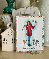 Handmade card with Angie Blom's Emerson Girl, a stylish young woman bundled in a winter coat, hat and scarf holding a coffee, sentiment 'You inspire warmth, love, and strength'.