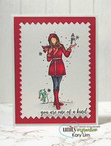 Clean card with Caitlin in a red coat on white with a scalloped red frame.