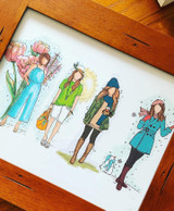 Colored proof of the Caitlin girl shown in several outfits and colorways.