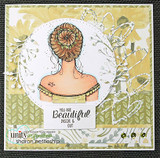 Yellow-green botanical card with the flower-bun girl in a circle frame and 'You are Beautiful inside & out' on a white strip.