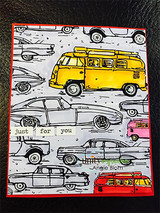 Vintage-car background with a red border and a yellow VW bus, 'just for you.'