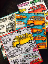 Several cards showing the vintage-car background in blue, orange and pastel colorways.