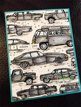 Vintage-car background on a teal card, 'i adore you.'