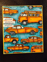 Vintage-car background over teal, 'genuine wonderful original,' with an orange bus.