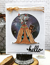 Card with a starry night circle behind the teepee colored brown with a brown bear, and a black hello die-cut.