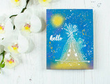 Blue ink-blended night card with the teepee and bear embossed in white, gold splatters, a glowing moon and 'hello'.