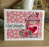 Pink paisley card with the iced coffee colored in blush tones and the 'Just breathe' banner.