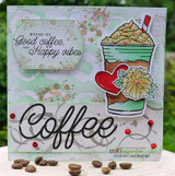 Gold-flecked card with the coffee cup on a stitched panel and 'Wishing you good coffee & happy vibes'.