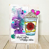 Bright watercolor card with two coffee cups over purple and teal splashes with pink flower accents.