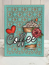 Teal die-cut card with the coffee cup, a red heart and bold 'Coffee' lettering.
