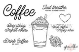Red rubber stamp sheet: a tall iced coffee topped with whipped cream, a heart and a flower, plus sentiments including 'Just breathe. You are strong enough' and 'Drink Coffee be happy'.