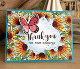 Card with the sunflower border colored gold and orange around 'Thank you for your kindness' with a butterfly.
