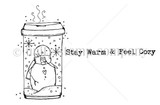 Line-art stamp sheet: Angie Blom's snowman in a travel mug with 'Stay Warm & Feel Cozy' red rubber stamp, Unity Stamp Co.