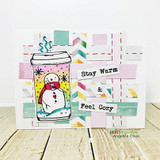 Angie Blom's snowman inside a holiday travel coffee mug with 'Stay warm & feel cozy,' a red rubber winter stamp shown on a card.