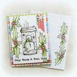 Angie Blom's snowman inside a holiday travel coffee mug with 'Stay warm & feel cozy,' a red rubber winter stamp shown on a card.