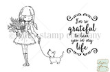 Red rubber stamp sheet: a sketched girl in a coat and skirt holding a bouquet while walking a small terrier on a leash, beside the flourished sentiment 'I'm so grateful to have you in my life.'