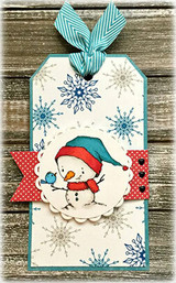Sketchy snowman in a teal hat with a bird on a snowflake tag with red ribbon.