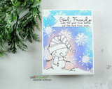 Sketchy snowman in a striped hat on a soft blue-purple sky, 'Good friends make the good times better.'