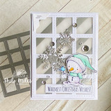 Snowman in a mint hat with a bird, 'Warmest Christmas wishes,' in a windowpane die-cut.