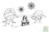 Uncolored red rubber snowmen, snowflakes and 'let it snow' stamps by Lisa Glanz.