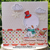 Taupe and polka dot card with the snowman in a red hat between two stitched clouds and white snowflake die cuts, a small bird perched on the paper strip.