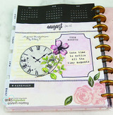Open planner spread for August with the clock and branch stamped and colored in green and purple, and the sentiment stamped on a pink block beside it.