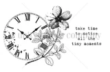 Line art of the Notice Moments stamp set: a roman-numeral clock face with ink splatter and a flowering branch curving over it, beside a typewriter-style sentiment reading Take time to notice all the tiny moments.