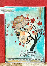 Red and teal mixed-media card with the bunny blown into a bare tree among maple leaves, with the script sentiment along the bottom.