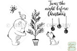 Red rubber stamp sheet: a sketch-style bear with a bird on its head, a potted tree, a small dog, a star and hanging ornaments with the 'Twas the night before Christmas' sentiment.