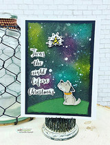 Deep galaxy-blue card with the little dog and tree silhouetted and 'Twas the night before Christmas' lettered in the sky.