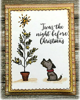 Gold-framed card with the bear, tree and dog scene on a white panel with a stamped star above.