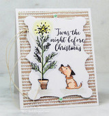 Kraft-and-white card with the bear and pup by the potted tree inside a fancy die-cut label.