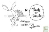 Tuxedo Bunny stamp sheet: a sketchy bunny in a tuxedo jacket and bow tie holding a bouquet, a little heart, leafy sprigs, 'THANK YOU' and 'Thanks -a- Bunch' inside a leafy wreath