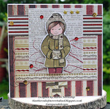 Vintage card with the girl in olive and burgundy over striped and text papers with stitched ribbon trims and gold star sequins.