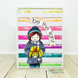 Card with the girl in a grey coat and yellow scarf over a rainbow-striped watercolour panel and be the light on a white banner.