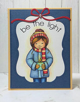 Navy card with the girl in a light blue coat inside a white ornate frame with a red bow and be the light above her.