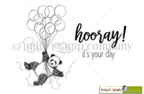 It's Your Day Panda red rubber stamp set from Unity Stamp Co, sketched black line art of a panda drifting upward through clouds holding a big bunch of round balloons, beside the sentiments 'hooray' in bold brush script and 'it's your day'.