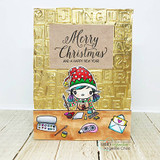 Gold embossed alphabet card with a kraft 'Merry Christmas and a happy new year' panel and the elf at her worktable below.