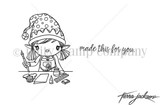 Black and white stamp sheet of a crafty little elf in a polka-dot hat painting at her table, with the sentiment 'made this for you.' and Tierra Jackson's signature.