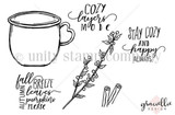 Cozy Layers Mode stamp sheet: an enamel mug, a berry sprig, cinnamon sticks, and the sentiments 'cozy layers mode', 'stay cozy and happy always' and 'fall breeze autumn leaves pumpkins please'.