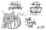 Faith Family Fall red rubber stamp set from Unity Stamp Co — a pumpkin topped with a big fall chrysanthemum bloom — shown on the black-line stamp sheet with sentiment stamps including “welcome change & its possibilities” and “faith family fall”.