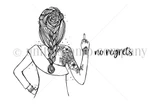 Line-art stamp of a braided, tattooed girl making a bold gesture beside the 'no regrets' sentiment.