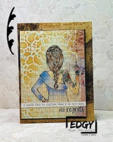 Kraft grunge card with the tattooed girl in blue and the 'no regrets' line.