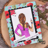 Poppy-framed card with the tattooed girl in magenta and a bold irreverent sentiment.