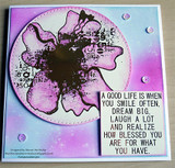 Purple and blue blended card with the grunge flower on a large circle and the block sentiment stamped on a soft mint panel at the lower right.