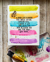 Watercolor card striped in yellow, orange, teal and pink with the block sentiment stamped across the bands and a tiny butterfly at the top.