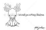 Santa's Lil Helper Cuddlebug red rubber stamp set from Unity Stamp Co — a wide-eyed baby reindeer with tiny ornaments hanging from its antlers and a bell collar — shown on the black-line stamp sheet with sentiment stamps including “We wish you a Merry Christmas”.