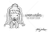 Winter Bunny Cuddlebug red rubber stamp set: a floppy-eared bunny in a pom-pom knit hat, striped mittens and boots, with the sentiment 'warm wishes this holiday season'.